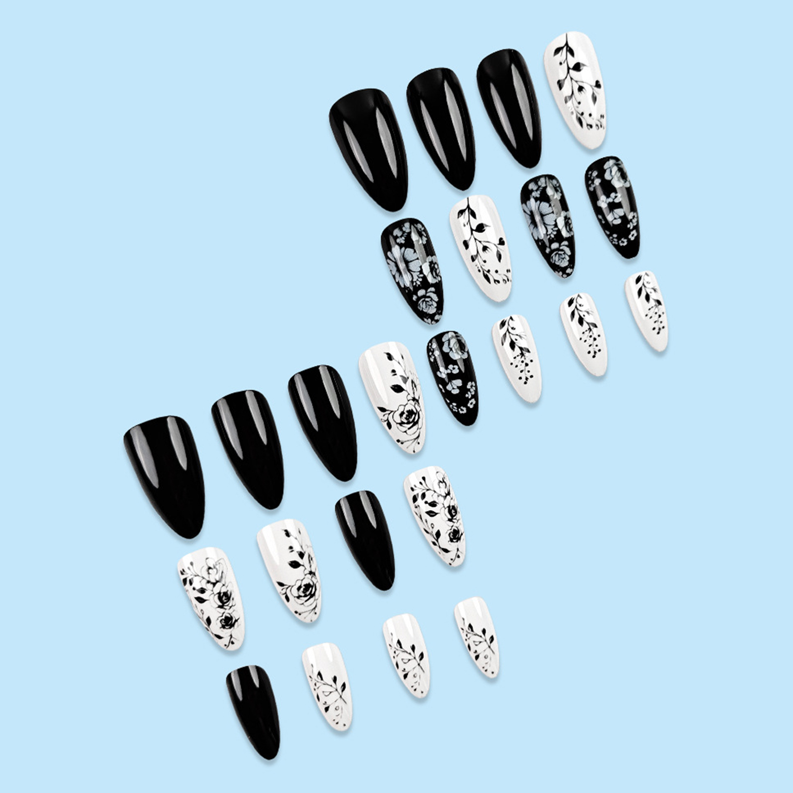 24Pcs Almond Fake Nails Black/ - Pressed Flower Art 리뷰 및 가격