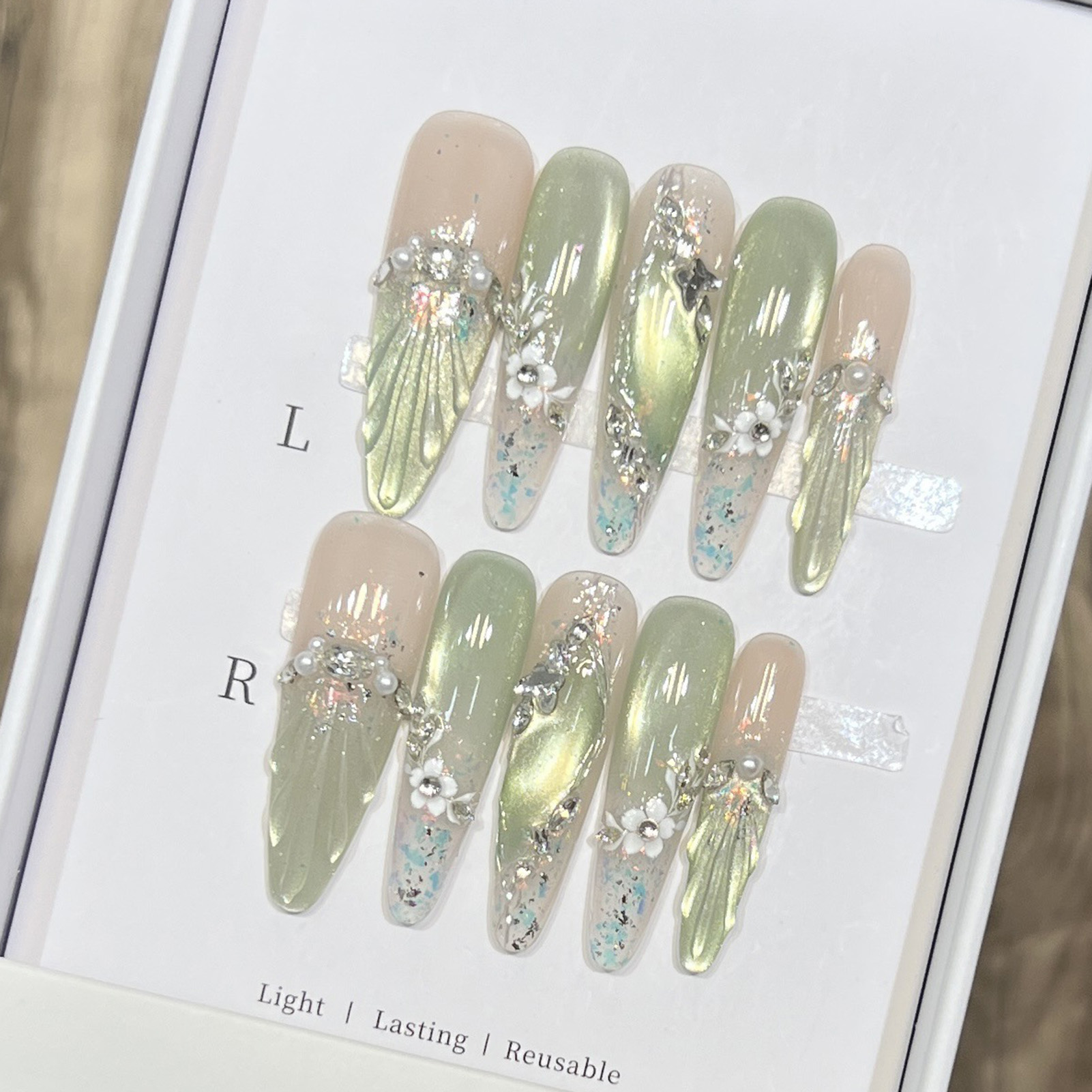 10pcs Long Almond Fake Nails T - Pressed Flower Art 리뷰 및 가격