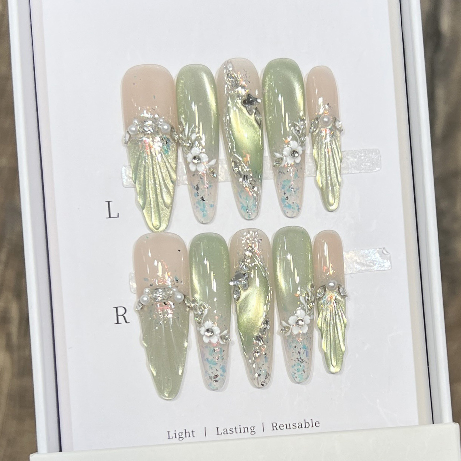 10pcs Long Almond Fake Nails T - Pressed Flower Art 리뷰 및 가격