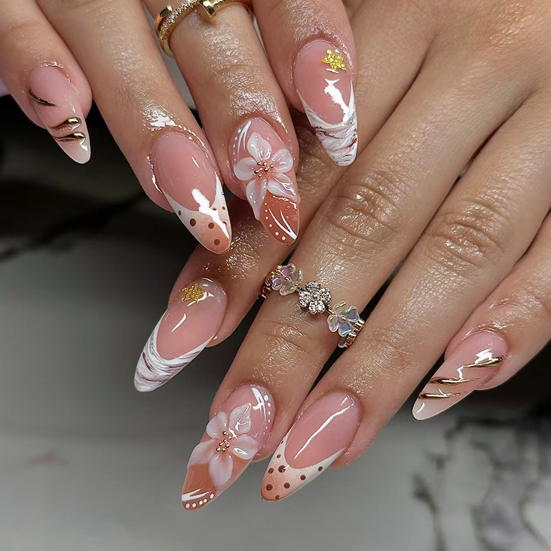 Almond Press On Nails Nude Pol - Pressed Flower Art 리뷰 및 가격