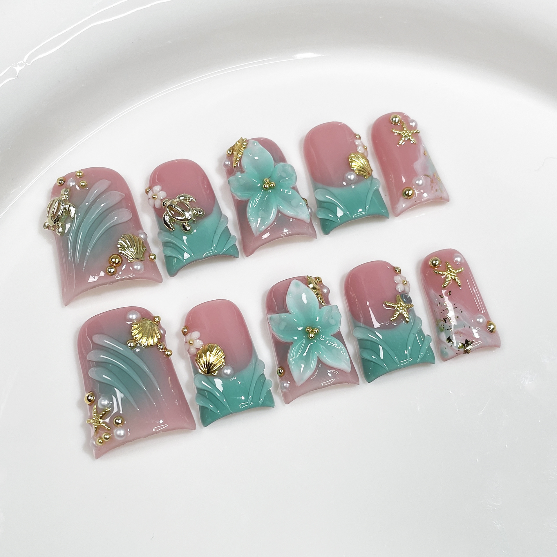10pcs Ocean Style Fake Nails D - Pressed Flower Art 리뷰 및 가격