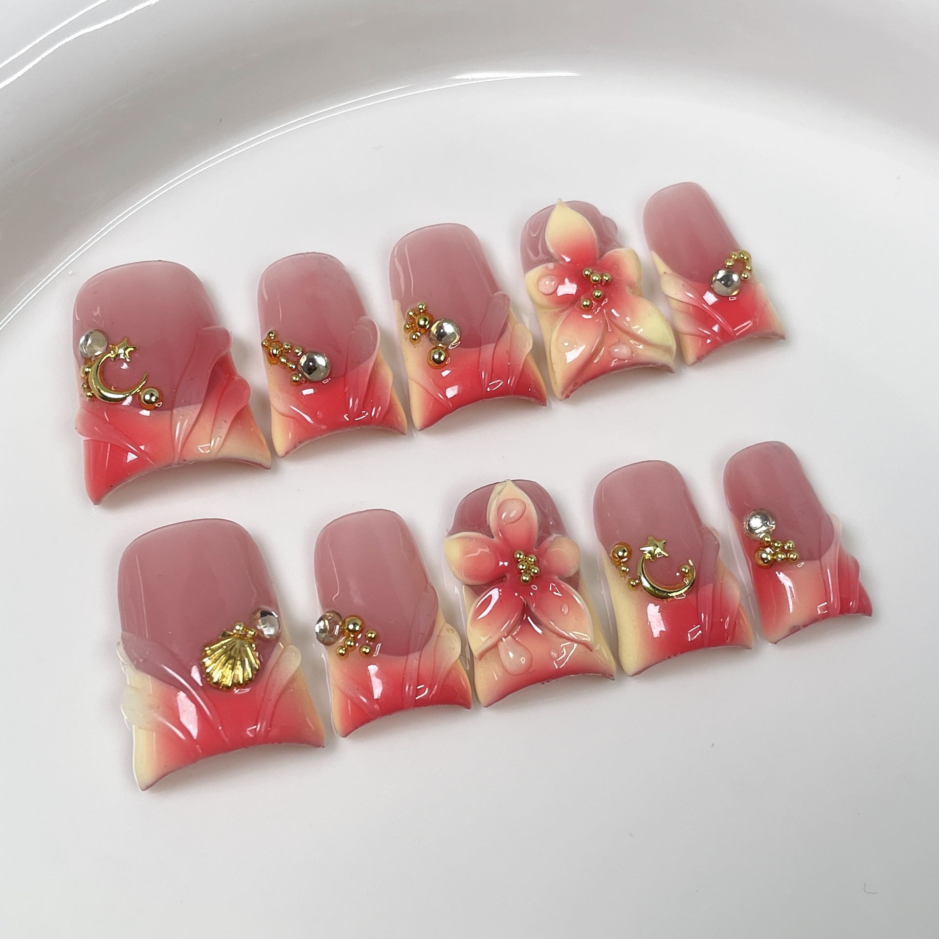 10pcs Ocean Style Fake Nails D - Pressed Flower Art 리뷰 및 가격